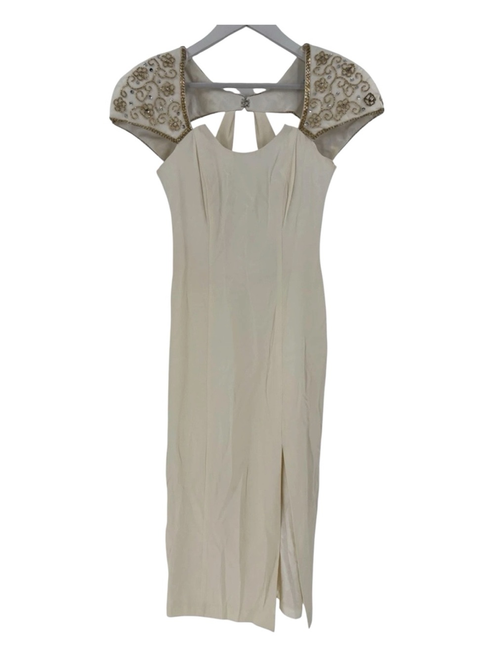 Night Way Collections Ivory Midi Dress with Embellished Shoulders